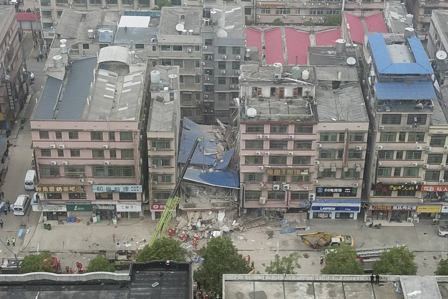 The site of the collapsed self-constructed residential building in Changsha. Xinhua/AP