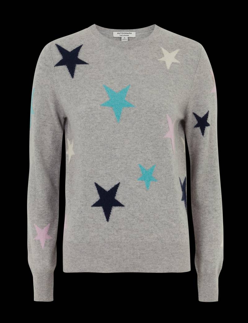 Bringing a degree of style to proceedings is this cashmere star jumper, Dh675, Marks and Spencer.