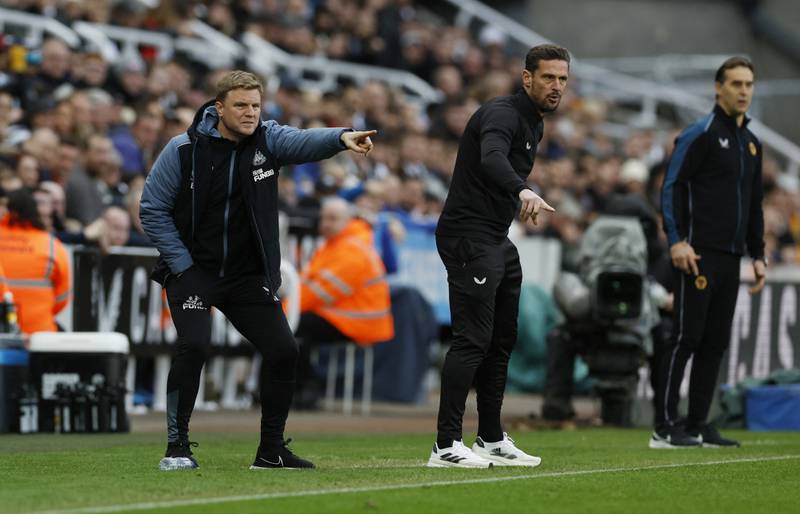 Newcastle United manager Eddie Howe makes a point next to his assistant Jason Tindall. Reuters