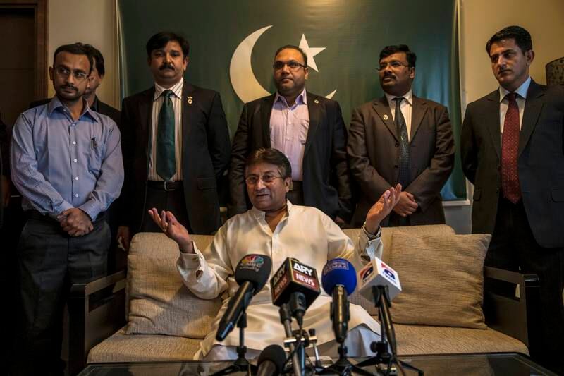 Mr Musharraf briefs media and supporters during a press conference in Dubai on March 24, 2013. Getty Images