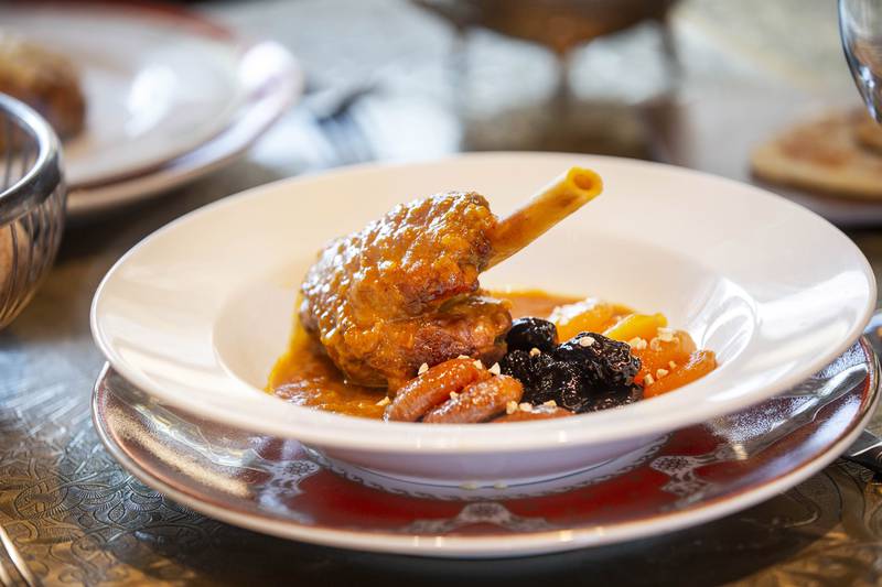 A lamb shank with dried fruit dish is an example of modern Moroccan fine dining,
