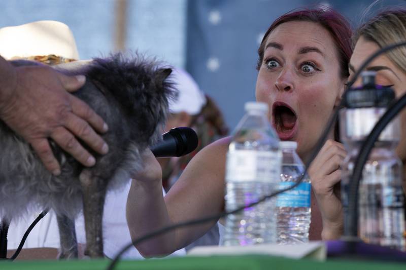 Judge Mamrie Hart reacts to Monkey, a dog from Pleasant Hill, California. AP