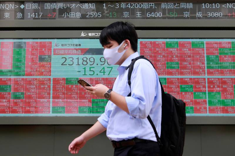 A man walks by an electronic stock board of a securities firm in Tokyo, Monday, Sept. 7, 2020. Asian stock markets were mixed Monday after Wall Street turned in its biggest weekly decline in more than two months.(AP Photo/Koji Sasahara)