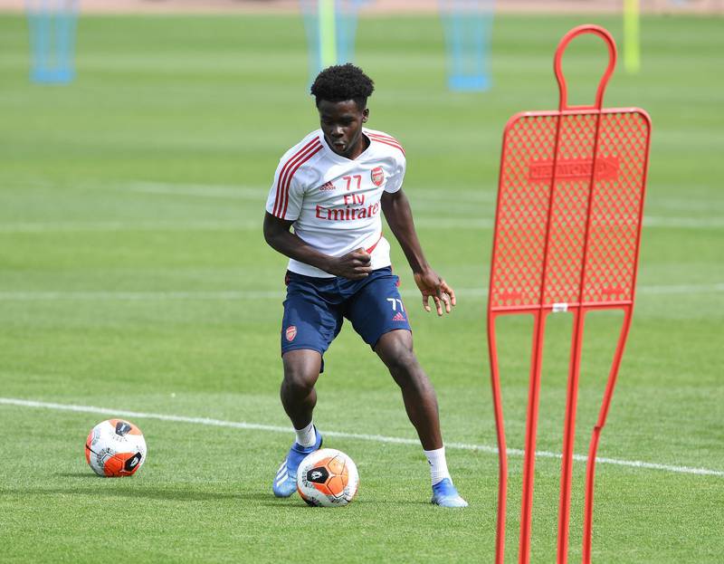 ST ALBANS, ENGLAND - MAY 22: Bukayo Saka of Arsenal during a training session at London Colney on May 22, 2020 in St Albans, England. (Photo by Stuart MacFarlane/Arsenal FC via Getty Images)