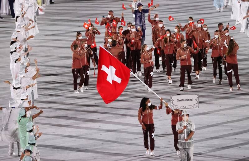 Switzerland delegation parades during the Opening Ceremony of the Tokyo 2020 Olympic Games.