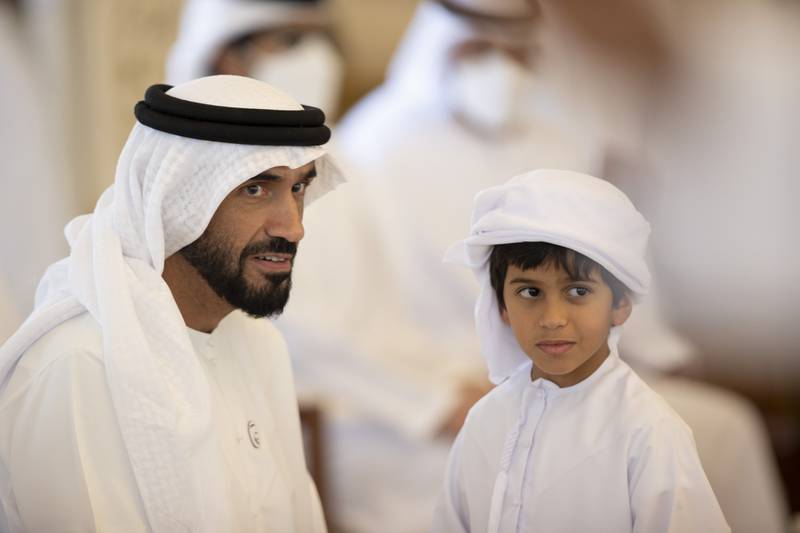 Sheikh Nahyan bin Zayed, chairman of the board of trustees of the Zayed bin Sultan Al Nahyan Charitable and Humanitarian Foundation, and Sheikh Mohamed bin Nahyan bin Zayed, at the Sea Palace barza.