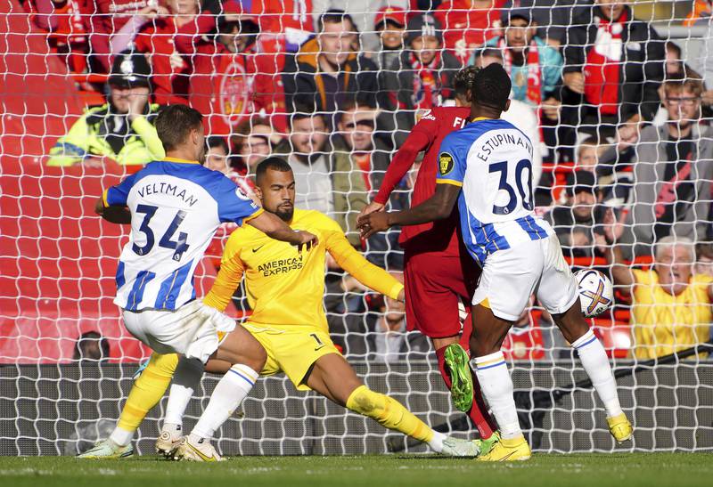 BRIGHTON RATINGS: Robert Sanchez - 3. The Spaniard almost presented Liverpool with an early equaliser and looked uncomfortable with the ball at his feet. He made a fine save from Salah but his poor attempt at a punch gifted Liverpool the lead. PA