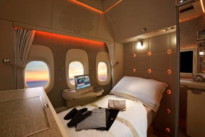 The new Boeing 777 First Class suite with virtual windows and an inspiration kit. Courtesy Emirates