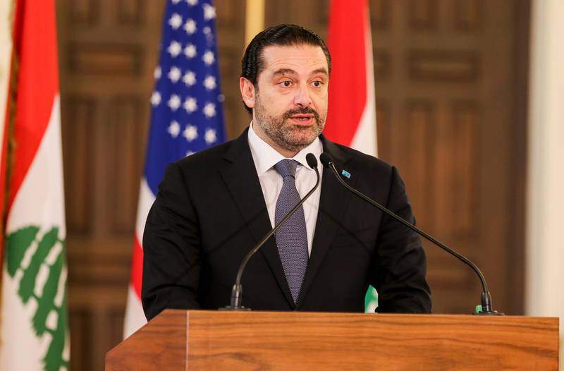 epa06528876 Lebanese Prime Minister Saad Hariri speaks during a joint press conference with US Secretary of State Rex Tillerson (not pictured) at the government palace in Beirut, Lebanon, 15 February 2018. Tillerson arrived in Beirut for a one-day official visit to meet with Lebanese officials.  EPA/NABIL MOUNZER