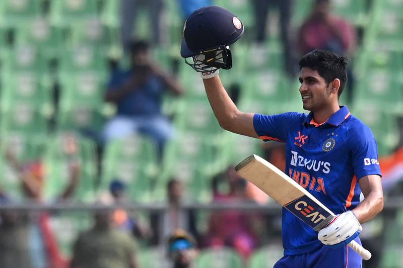 Shubman Gill celebrates after reaching his century. AFP