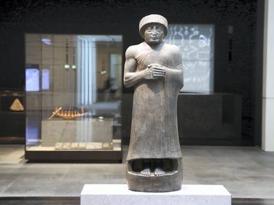 Abu Dhabi, United Arab Emirates - November 6th, 2017: Piece: Gudea, Prince of Lagash at the Louvre. Louvre Media Day. Monday, November 6th, 2017 at Louvre, Abu Dhabi. Chris Whiteoak / The National