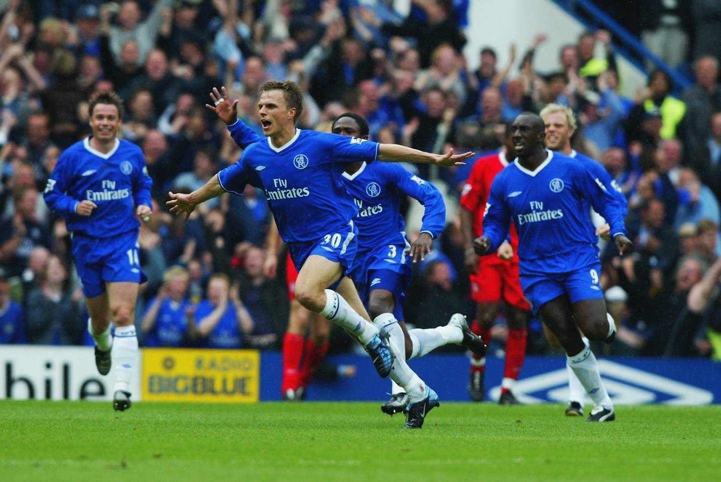 Jesper Gronkjaer of Chelsea celebrates scoring the winning goal during against Liverpool on May 11, 2003 at Stamford Bridge. Getty