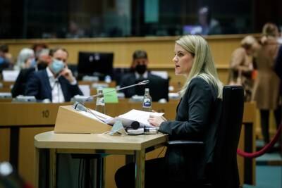 Frances Haugen addresses the European Parliament's internal market and consumer protection committee in Brussels on Monday. EPA