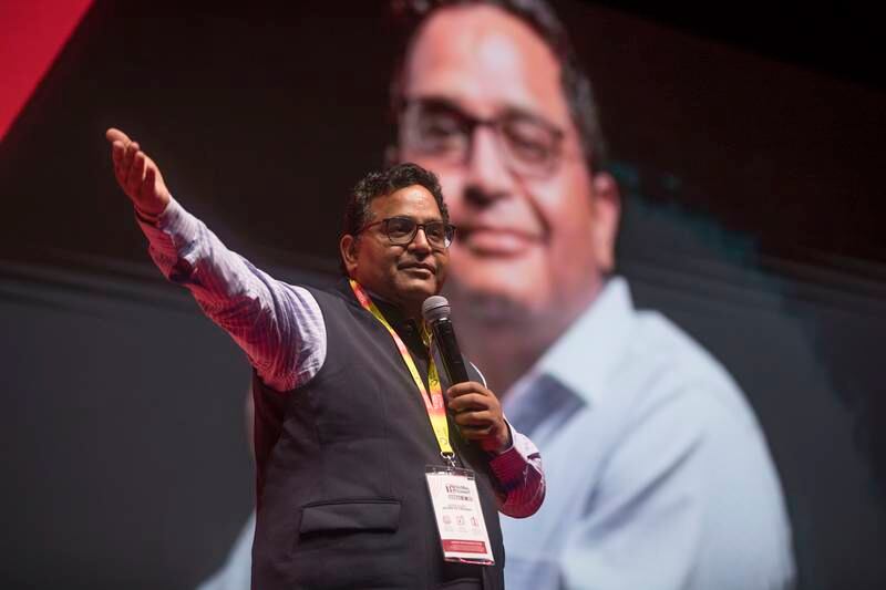 Vijay Shekhar Sharma, founder and chief executive of Paytm, speaks during the TiE Global Summit at Expo 2020's Dubai Exhibition Centre. Leslie Pableo / The National