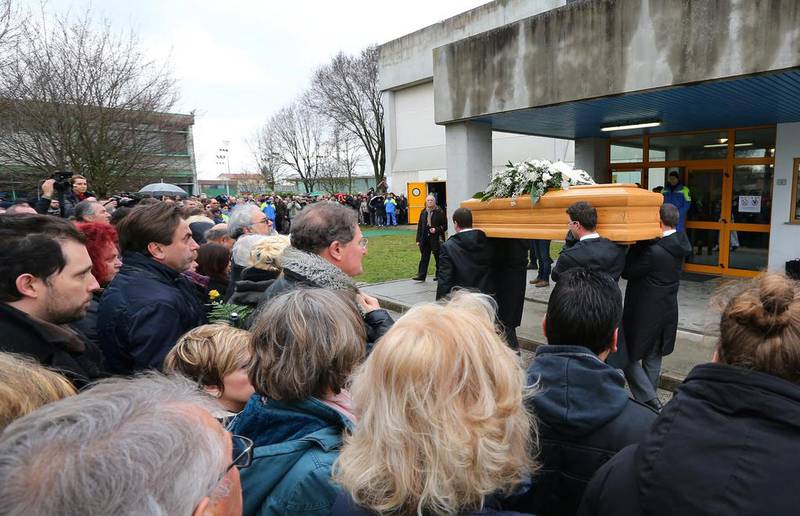 The coffin of Giulio Regeni arrives at the church for his funeral service in Fiumicello, northern Italy, on February 12, 2016. Paolo Giovannini, File/AP Photo