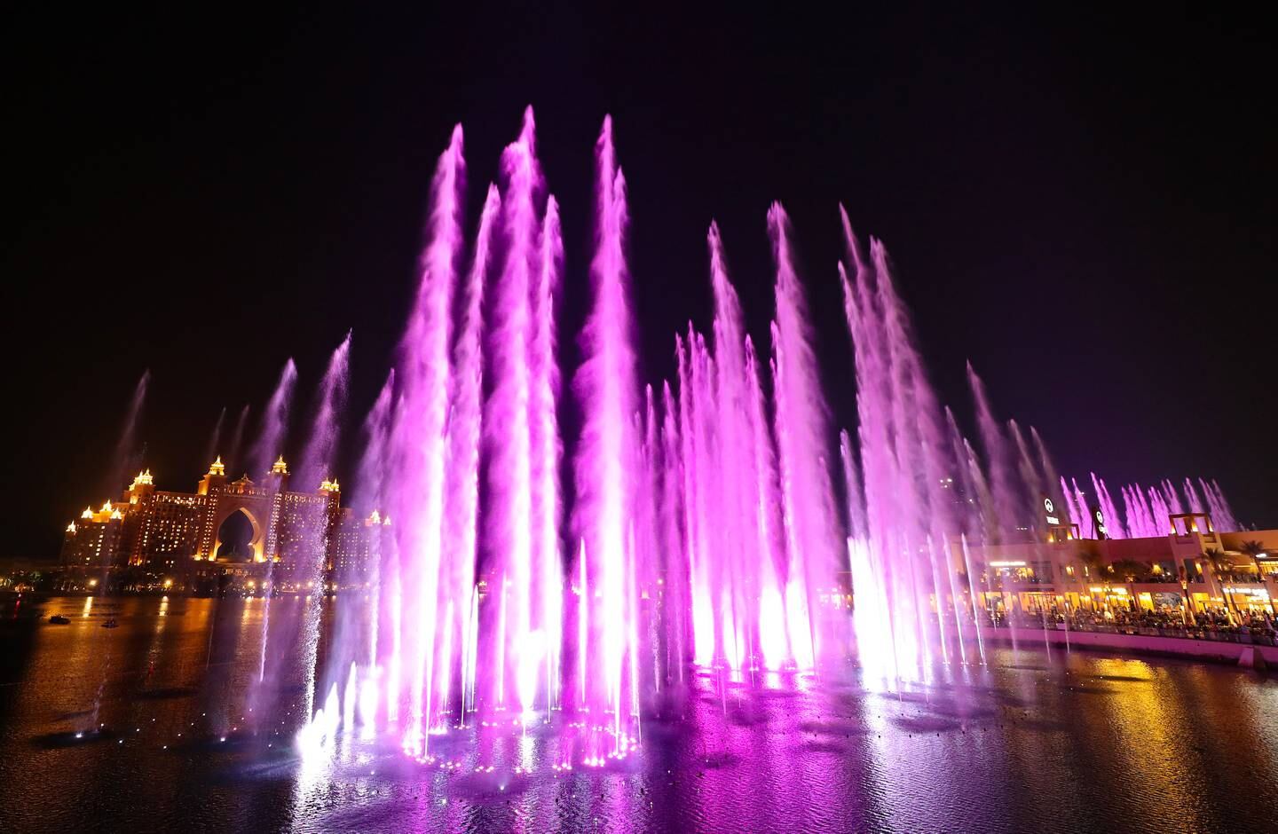 Dubai, United Arab Emirates - Reporter: Sophie Prideaux. Lifestyle. The Palm Fountain Launch. The record for the worlds largest fountain. Thursday, October 22nd, 2020. Dubai. Chris Whiteoak / The National