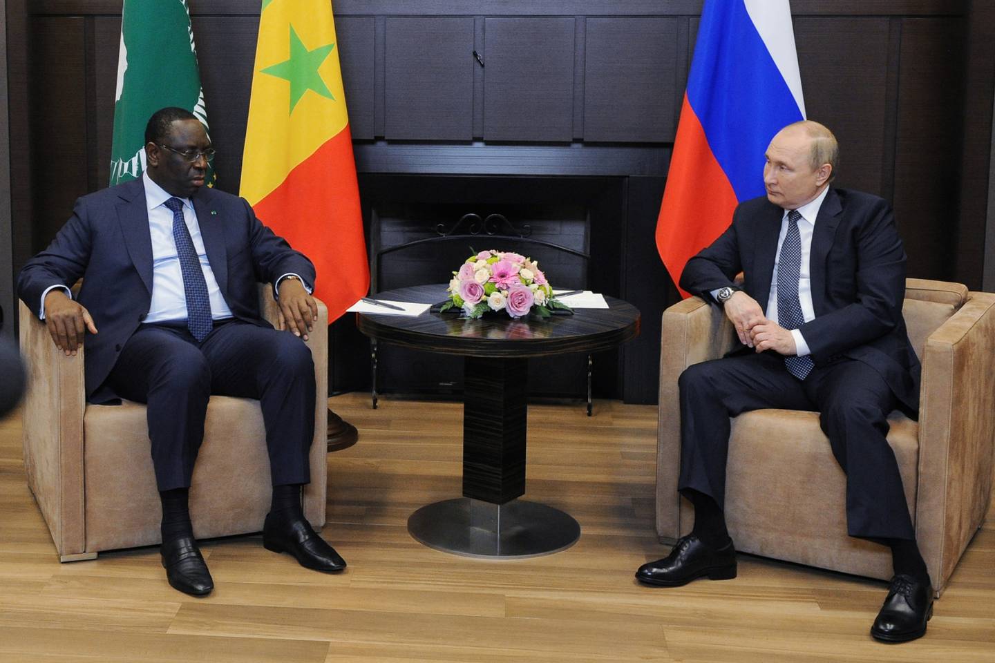 African Union chairman Macky Sall, left, was courted by both the EU and the Kremlin in 2022. AP 