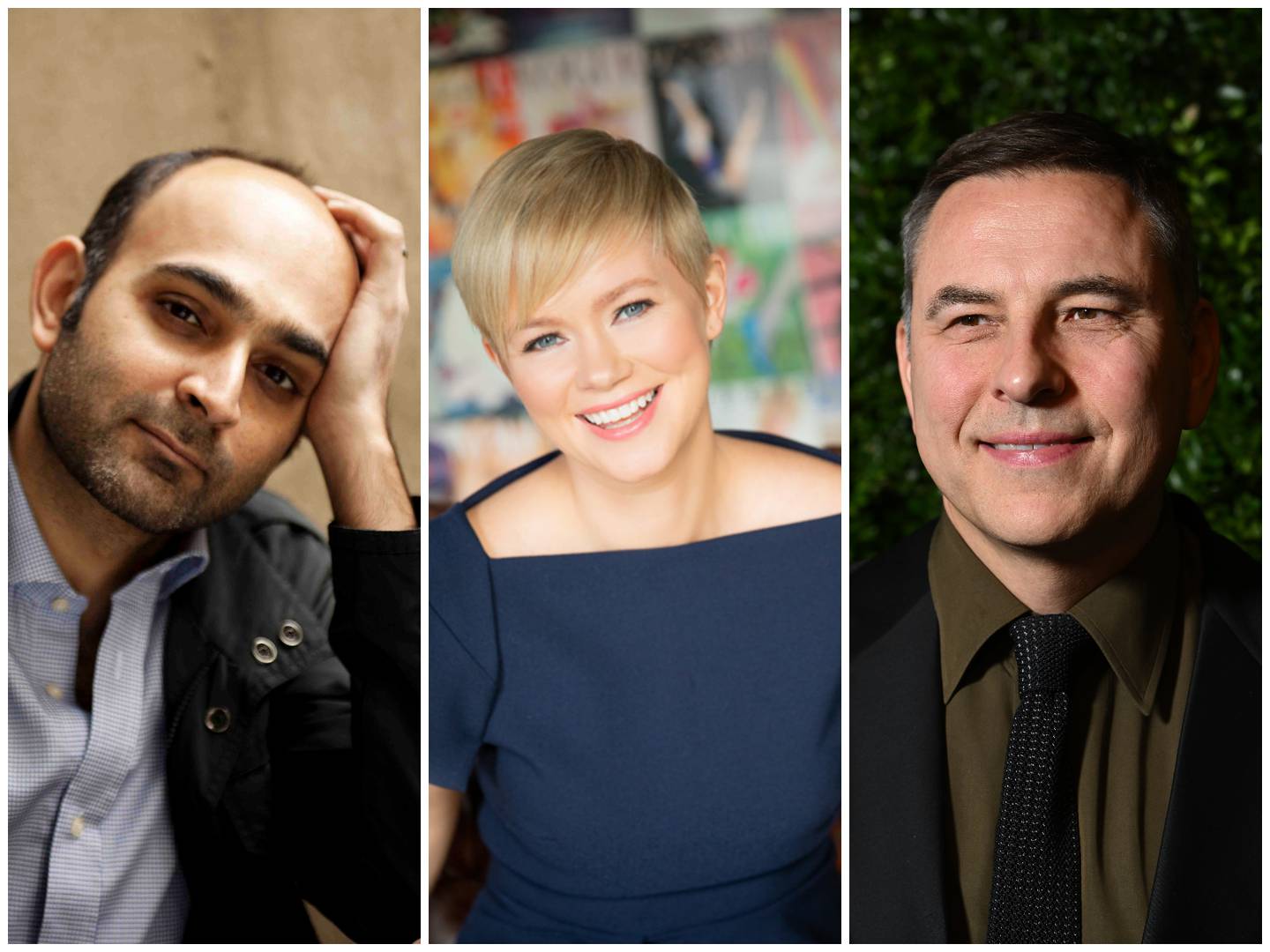 The Emirates Aviation Literary Festival returns to Dubai this week. The lineup includes, from left to right, writers Mohsin Hamid, Cecilia Ahern and comedian David Walliams.Photo: Emirates Air Festival/Getty