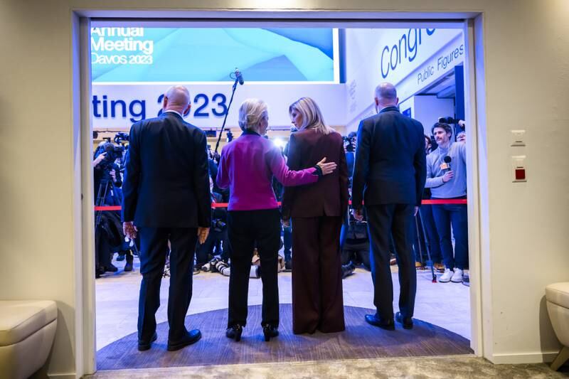 From left, WEF founder Klaus Schwab, European Commission President Ursula von der Leyen, Ukrainian first lady Olena Zelenska and Swiss President Alain Berset pose together during the 53rd annual meeting of the forum in Davos. EPA