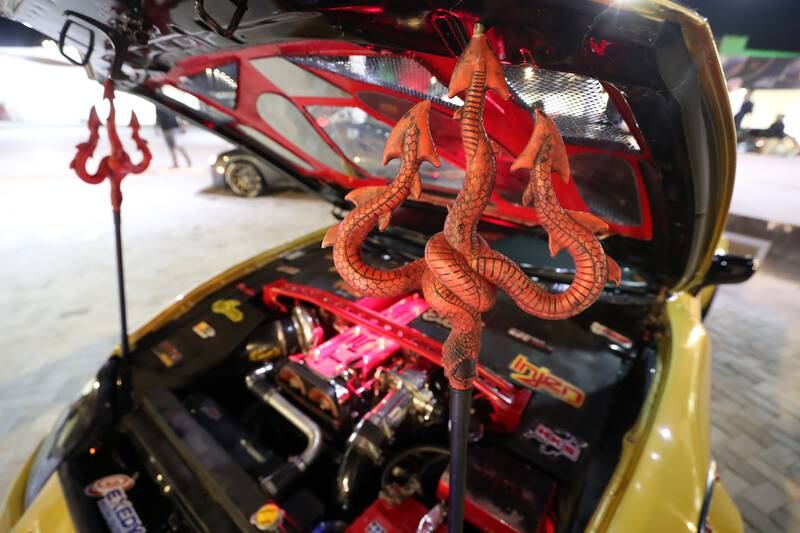 Inside the hood of the Toyota Supra.