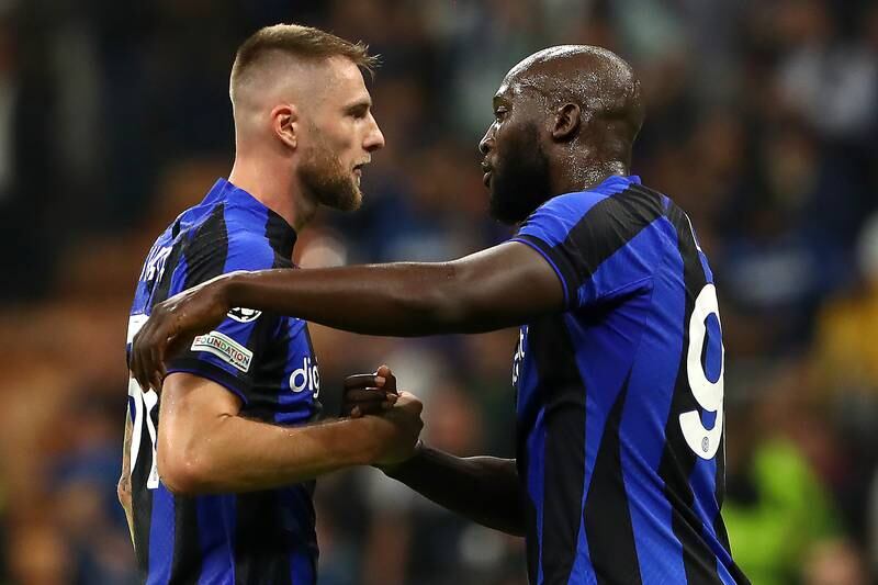 Milan Skriniar shakes hands with Romelu Lukaku after the final whistle. Getty