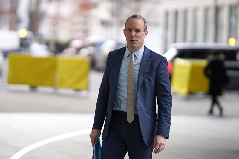 Deputy Prime Minister Dominic Raab arrives at BBC Broadcasting House in London, to appear on the BBC One current affairs programme, Sunday with Laura Kuenssberg. PA 