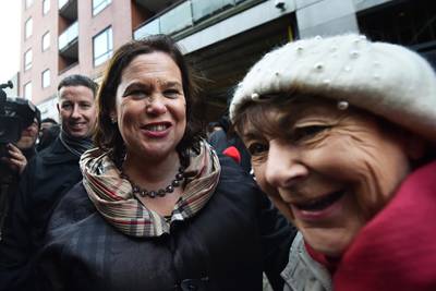 DUBLIN, IRELAND - FEBRUARY 10: Mary Lou McDonald, President of Sinn Fein greets supporters in Dublin City Centre on February 10, 2020 in Dublin, Ireland. Ireland has gone to the polls following Taoiseach Leo Varadkars decision to call a snap election. In the last general election, no party came close to a majority and it took 10 weeks of negotiations to form a government with Varadkars party Fine Gael eventually forming a coalition with Fianna Fail. Sinn Fein and their leader Mary Lou McDonald have made a late surge and could become the largest party according to the latest opinion polls. In order to win an outright majority and govern alone, parties need to win 80 seats - many political experts have predicted another hung parliament with exit polls showing the three main parties deadlocked. (Photo by Charles McQuillan/Getty Images)