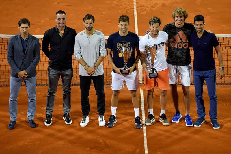 From left, Dusan Lajovic, Viktor Troicki, Grigor Dimitrov, Filip Krajinovic, Dominic Thiem, Alexander Zverev and Novak Djokovic during the Adria Tour. AFP