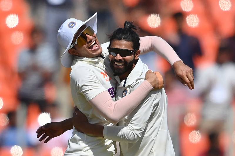 India's Ravindra Jadeja celebrates with Shubman Gill after taking the wicket of Australia captain Steve Smith. AFP