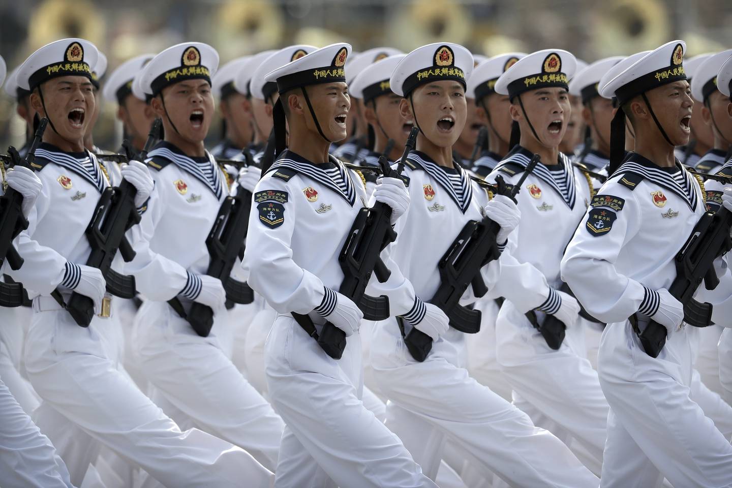 Soldiers from PLA Navy march during a parade to commemorate the 70th anniversary of the founding of Communist China in Beijing in October 2019. AP Photo