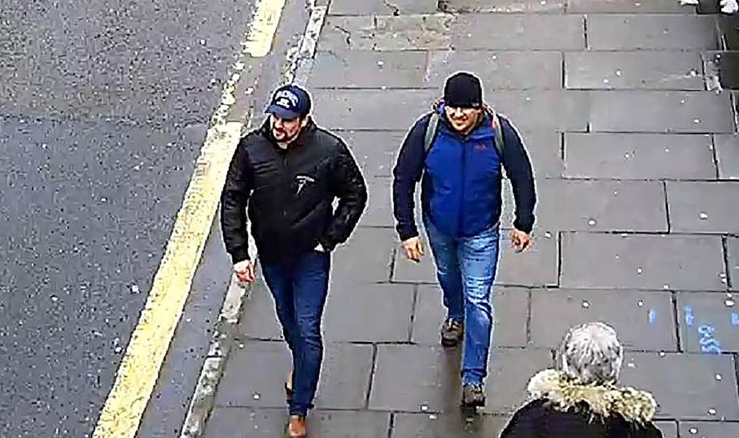TOPSHOT - A handout picture taken on Fisherton Road in Salisbury, west of London on March 4, 2018, and released by the British Metropolitan Police Service in London on September 5, 2018, shows Alexander Petrov (R) and Ruslan Boshirov, who are wanted by British police in connection with the nerve agent attack on former Russian spy Sergei Skripal and his daughter Yulia. - British prosecutors said Wednesday they have obtained a European arrest warrant for two Russians blamed for a nerve agent attack on a former spy in the city of Salisbury. Police identified Alexander Petrov and Ruslan Boshirov as the men who tried to kill Russian former double agent Sergei Skripal and his daughter Yulia with Novichok in March 2018. (Photo by HO / Metropolitan Police Service / AFP) / RESTRICTED TO EDITORIAL USE - MANDATORY CREDIT  " AFP PHOTO / Metropolitan Police Service"  -  NO MARKETING NO ADVERTISING CAMPAIGNS   -   DISTRIBUTED AS A SERVICE TO CLIENTS
