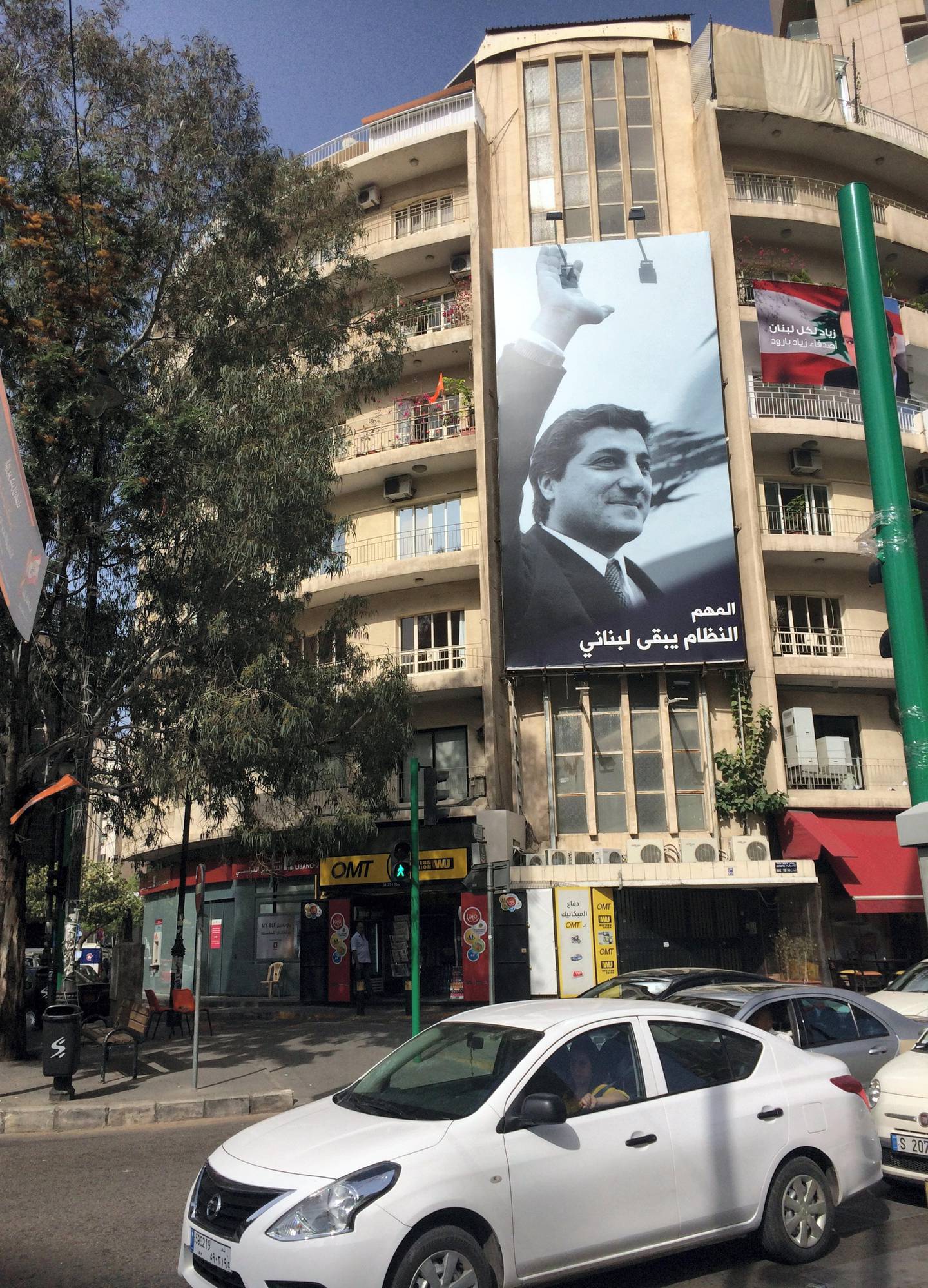 A huge banner shows Lebanon’s late president elect Bachir Gemayel, father of Nadim Gemayel, in Beirut’s Sassine Square. He was assassinated in September 1982. Arthur MacMillan / The National