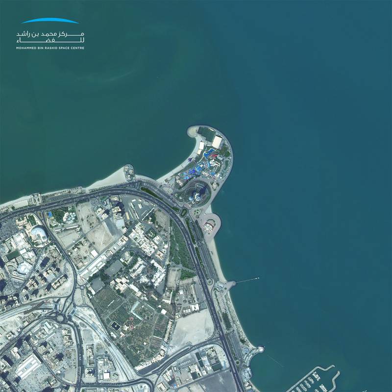 The Kuwait Towers, a popular tourist attraction that includes three tall structures, captured from space.