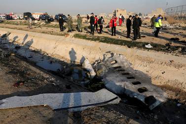 Debris from the Ukrainian passenger plane which was shot down in January in Shahedshahr, south-west of Iran's capital. AP
