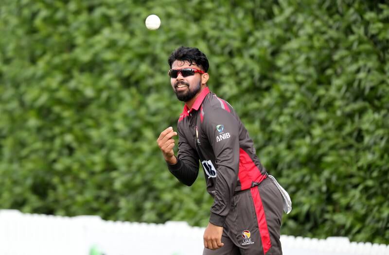DUBAI, UNITED ARAB EMIRATES , Dec 12– 2019 :- :- Basil Hameed of UAE playing during the World Cup League 2 cricket match between UAE vs USA held at ICC academy in Dubai. ( Pawan Singh / The National )  For Sports. Story by Paul