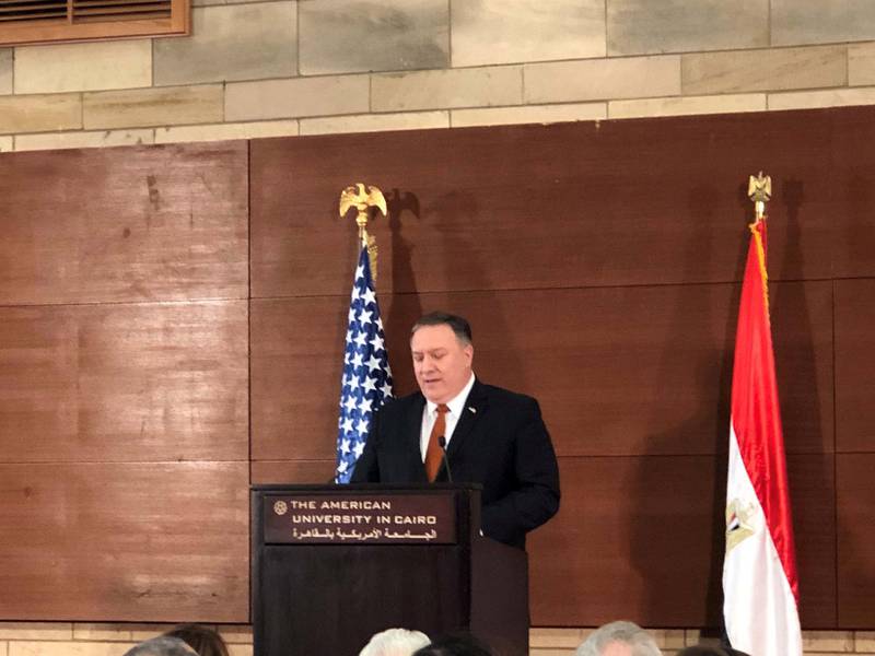 U.S. Secretary of State Michael R. Pompeo giving a speech at The American University in Cairo, Egypt. Jacob Wirtschafter for The National 