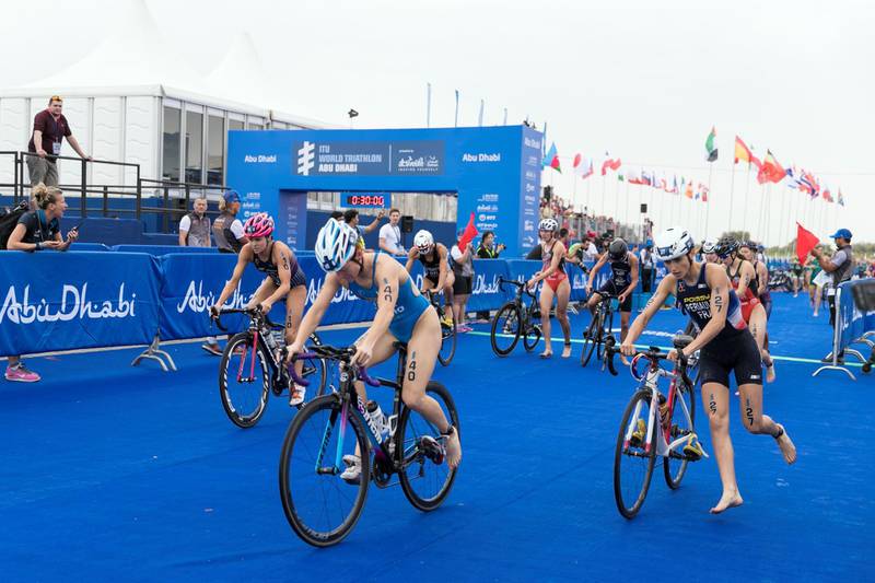 ABU DHABI, UNITED ARAB EMIRATES - MARCH 03, 2018.Athletes compete in the 20km bike race at the Elite Women race at Abu Dhabi Triathlon.(Photo: Reem Mohammed/ The National)Reporter: AMITH PASSATHSection: SP