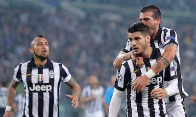 Alvaro Morata of Juventus celebrates with teammates after scoring against Real Madrid in the Champions League on Tuesday. Alessandro Di Marco / EPA / May 5, 2015