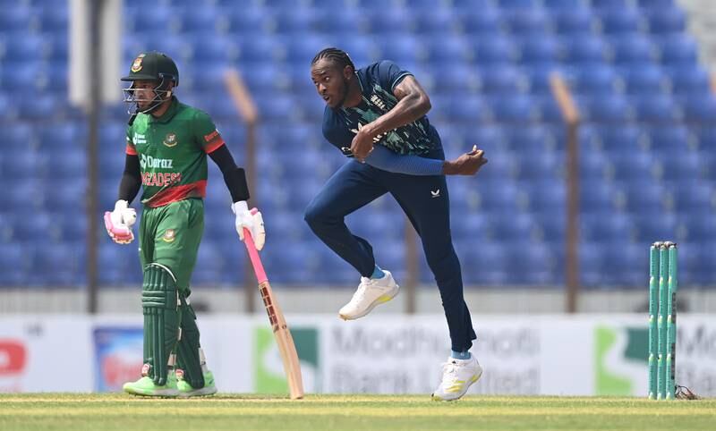 Jofra Archer bowling for England during the third ODI against Bangladesh at Zahur Ahmed Chowdhury Stadium, in Chittagong, on March 6, 2023. Getty
