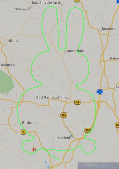 A private Tecnam P92 Echo plane sketched an Easter Bunny near Einbeck, Germany, on April 8, 2020. Courtesy FlightRadar24.