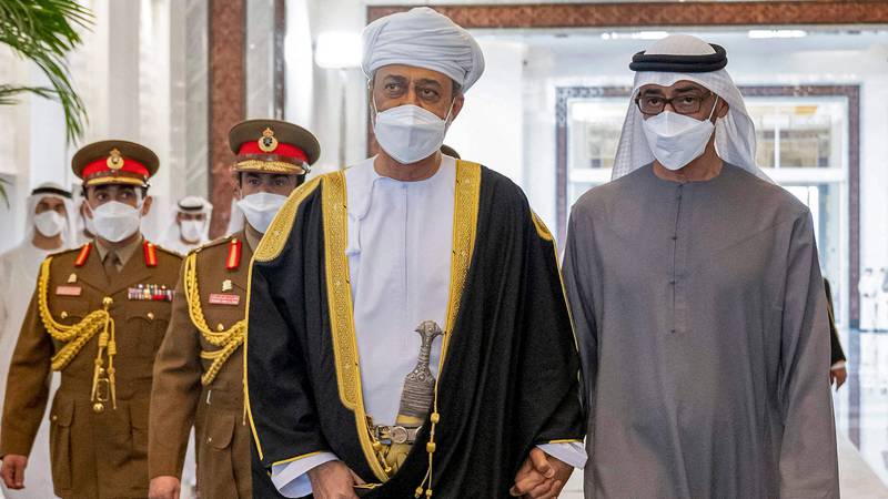 Oman's Sultan Haitham bin Tariq in Abu Dhabi on May 14, 2022 to offer condolences to Sheikh Mohamed. Photo: Ministry of Presidential Affairs 