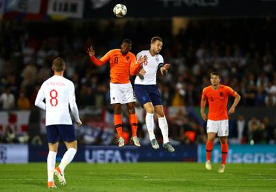 GUIMARAES, PORTUGAL - JUNE 06: Georginio Wijnaldum of The Netherlands battles for the ball with Harry Kane of England during the UEFA Nations League Semi-Final match between the Netherlands and England at Estadio D. Afonso Henriques on June 06, 2019 in Guimaraes, Portugal. (Photo by Dean Mouhtaropoulos/Getty Images)