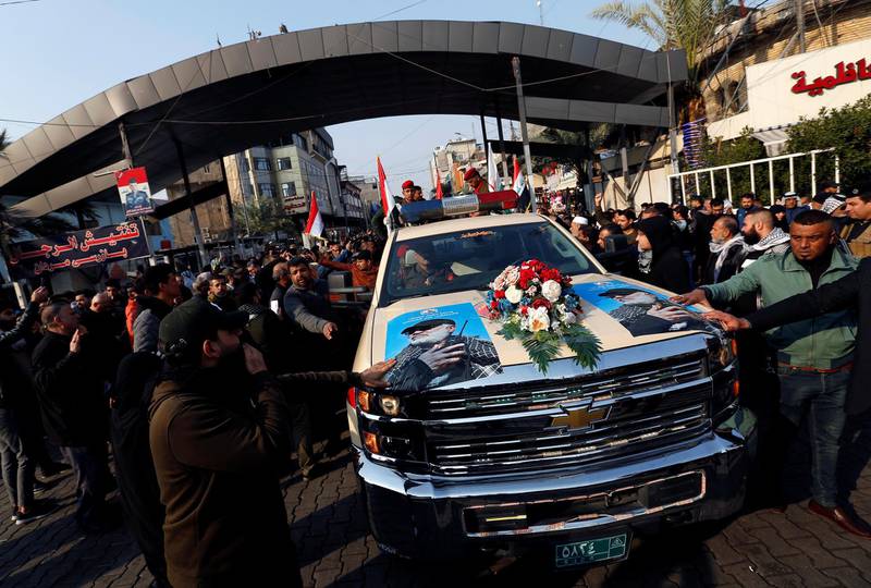 Mourners gesture as they attend the funeral of Qassem Suleimani and Abu Mahdi al-Muhandis, who were killed in an air strike at Baghdad airport, in Baghdad. Reuters