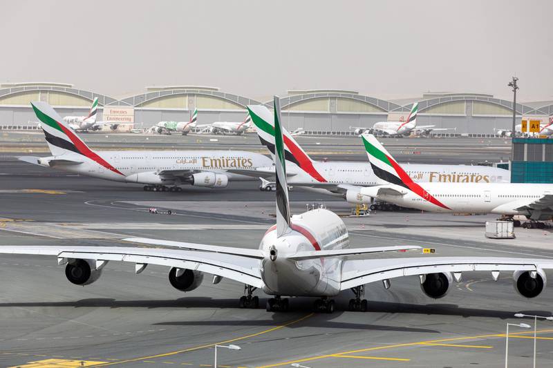 An Airbus SE A380-800 aircraft, operated by Emirates, taxis at Dubai International Airport.