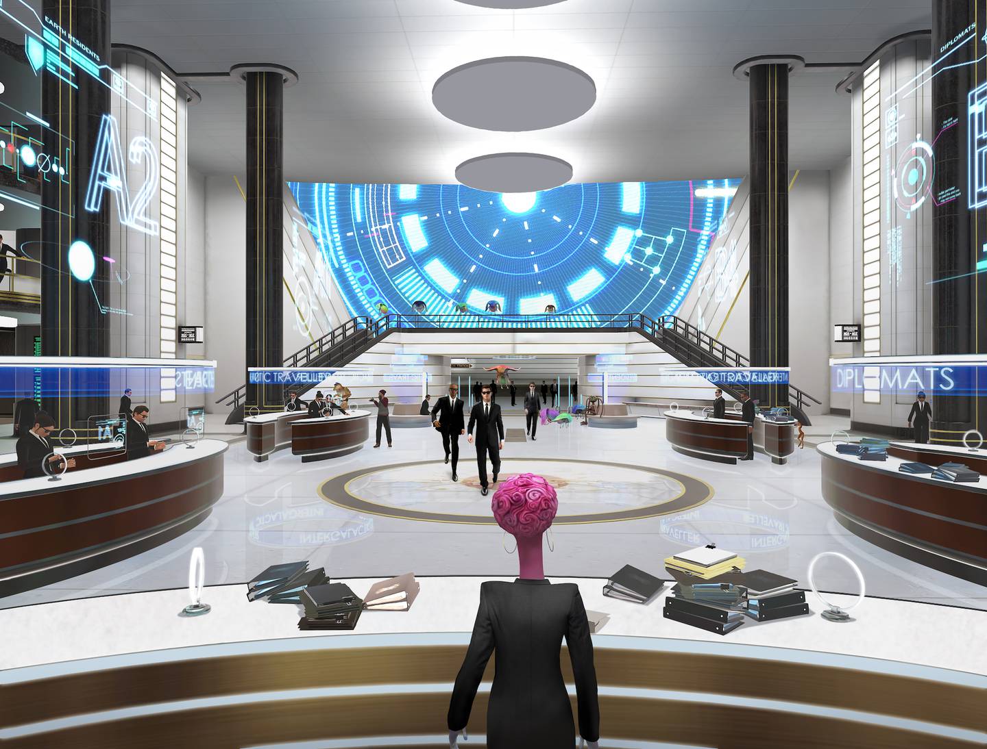 The beginning of the VR adventure 'MIB: First Assignment' takes you to the MIB headquarters and be given an assignment briefing on the Zarthanian rescue mission.