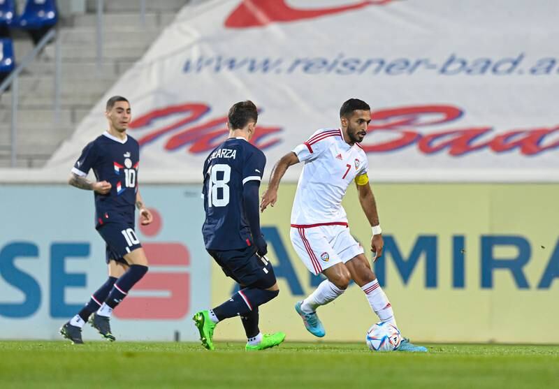 Ali Mabkhout controls the ball under pressure from Matias Galarza.  Photo: UAE FA