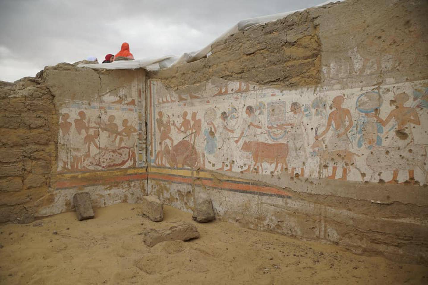 The walls of the Ptah-M-Wiah's tomb at the Saqqara necropolis. The painting depicts a sacrificial procession. Photo: Egypt's Ministry of Tourism and Antiquities