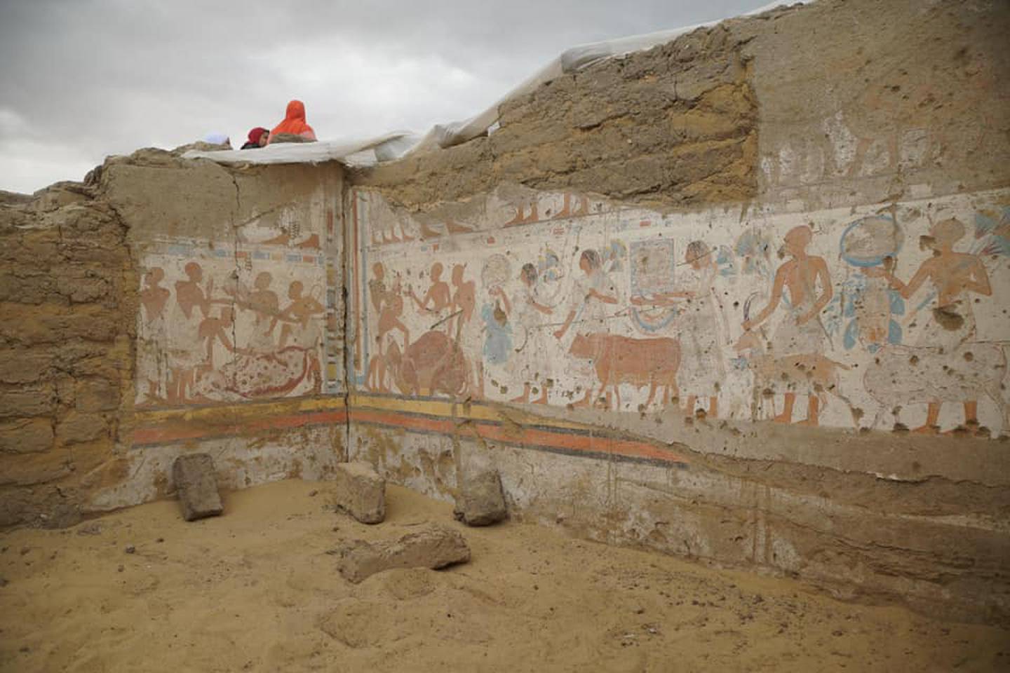 The walls of the Ptah-M-Wiah's              tomb at the Saqqara necropolis. The painting depicts a              sacrificial procession. Photo: Egypt's Ministry of Tourism              and Antiquities