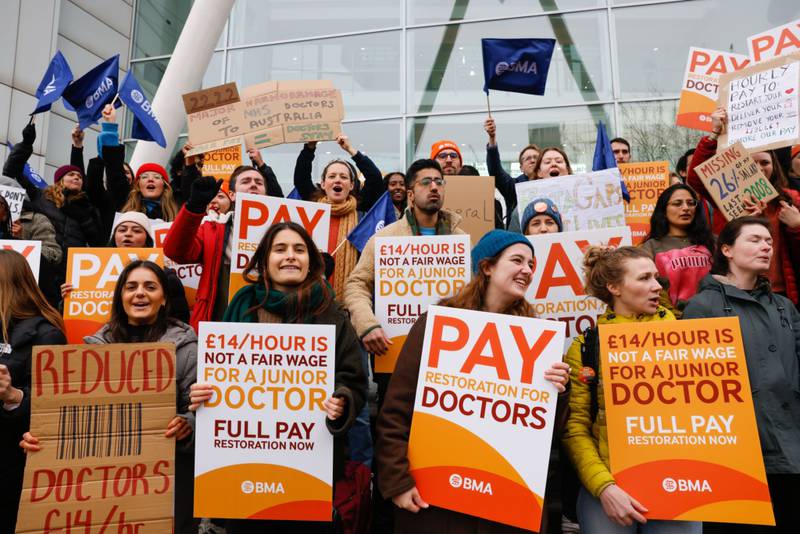 Junior doctors on strike outside University College Hospital in London. Bloomberg