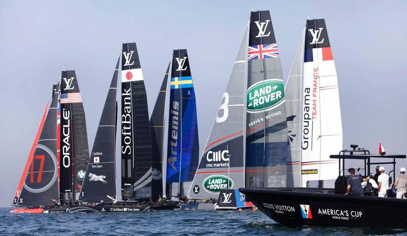 (From left to right) Emirates Team New Zealand skippered by Glenn Ashby, Oracle Team USA skippered by Jimmy Spithill, Softbank Team Japan skippered by Dean Barker, Aretmis Racing skippered by Nathan Outteridge, Land Rover BAR skippered by Ben Ainslie and Groupama Team France skippered by Adam Minoprio compete in the first day of the 35th America's Cup World Series in Oman on February 27, 2016 off the coast of the capital Muscat. FLORIAN CHOBLET / AFP

